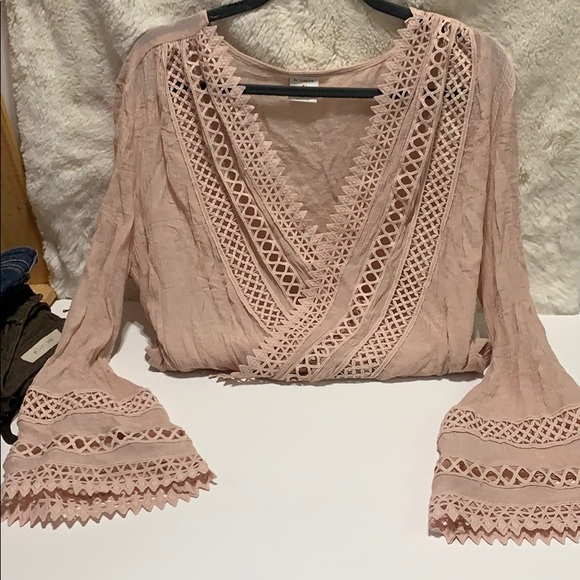 By Together Tops - By Together pink lace bell sleeve cross front top